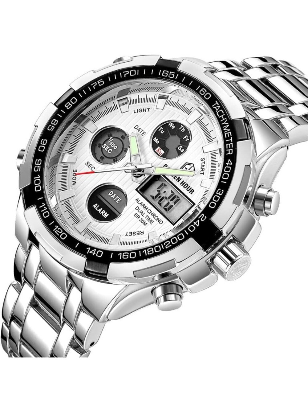 Mens Silver Stainless Steel Analog Digital Outdoor Sport Waterproof Luxury Watch - Picture 2 of 6